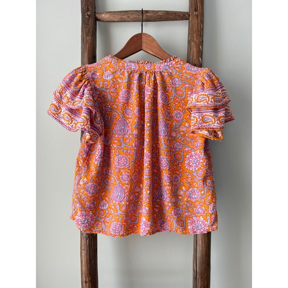 Floral Print Blouse Ruffle Sleeve V-Neck Top Bohemian Style  Size S - Picture 2 of 5